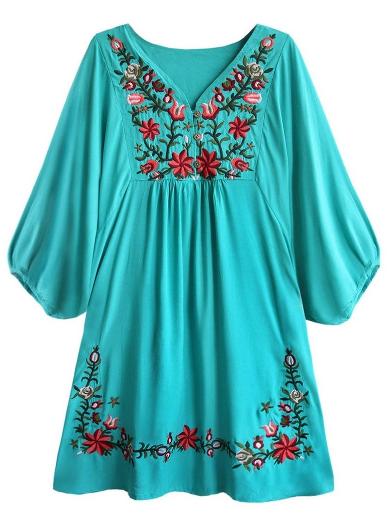 Kafeimali Women's Summer Mini Dress Bohemian Embroidery Tunic Shift Blouse (Light blue) - Image 1